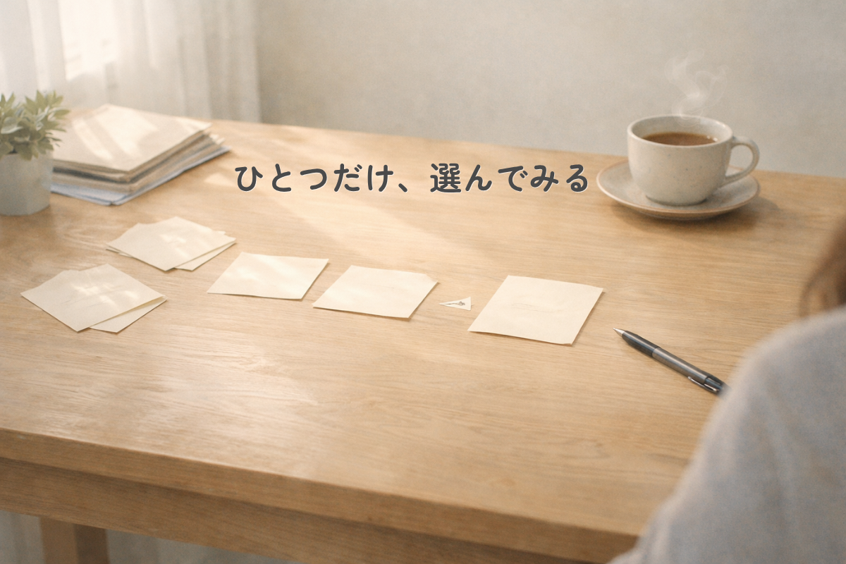 やわらかな自然光が入る室内で、木の机の上に数枚の小さなメモが左から右へ整うように並び、右側にペンとカップ、右端に人物の肩越しの一部が見える横長のイラスト