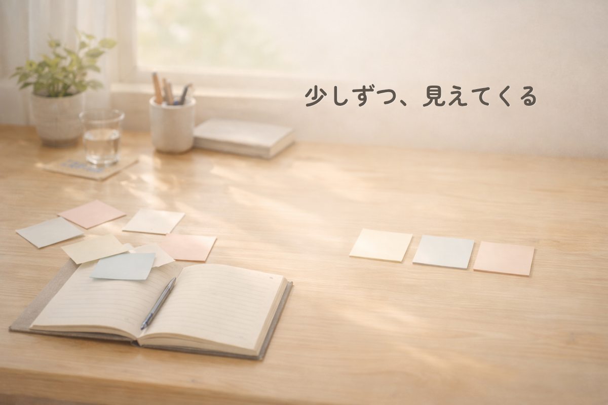 明るい窓辺の木の机に、開いたノートとペン、左側に散らばった複数のメモ、右側に横一列に並んだ3枚のメモがある横長のイラスト