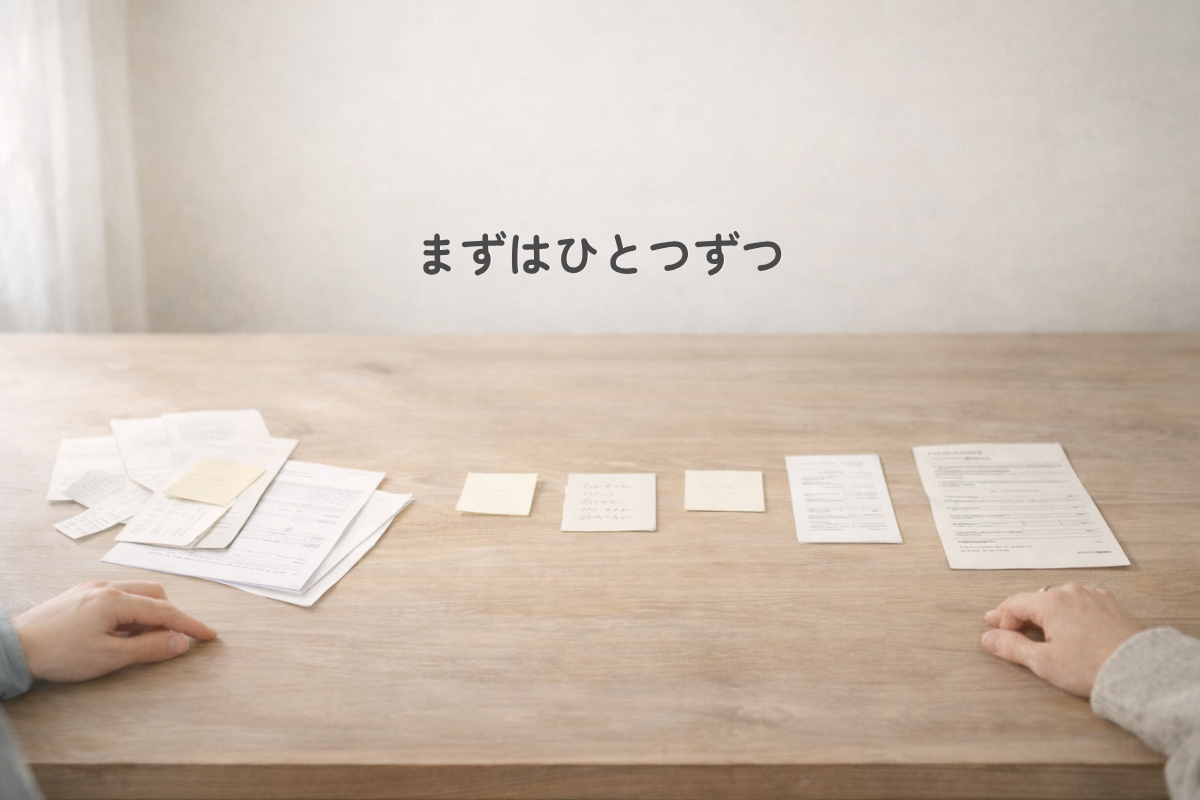 やわらかい自然光が入る室内の木の机に、左側では重なった書類や小さなメモが置かれ、中央から右側にかけて紙やメモが少しずつ整って並び直されている横長のイラスト。左右の下端には人物の手元だけが見えている。
