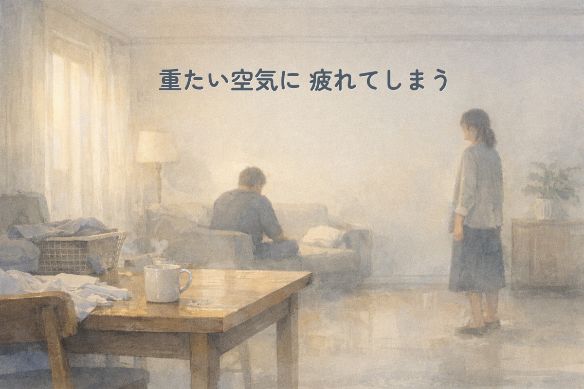 夕方のやわらかい光が差し込むリビングで、ソファに座る人物と、少し離れた場所で立ち止まる人物を描いた水彩調の横長イラスト。手前にはテーブル、マグカップ、椅子、洗濯かごが置かれている。