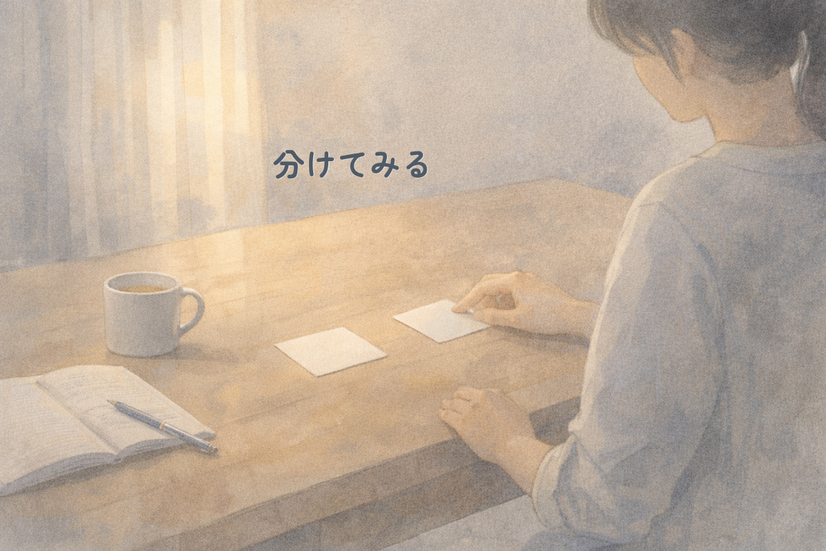 木のテーブルに向かう人物が、2枚の小さな紙片を並べて置いている水彩調の横長イラスト。テーブルの上にはマグカップ、開いたノート、ペンがあり、やわらかな自然光が差し込んでいる。