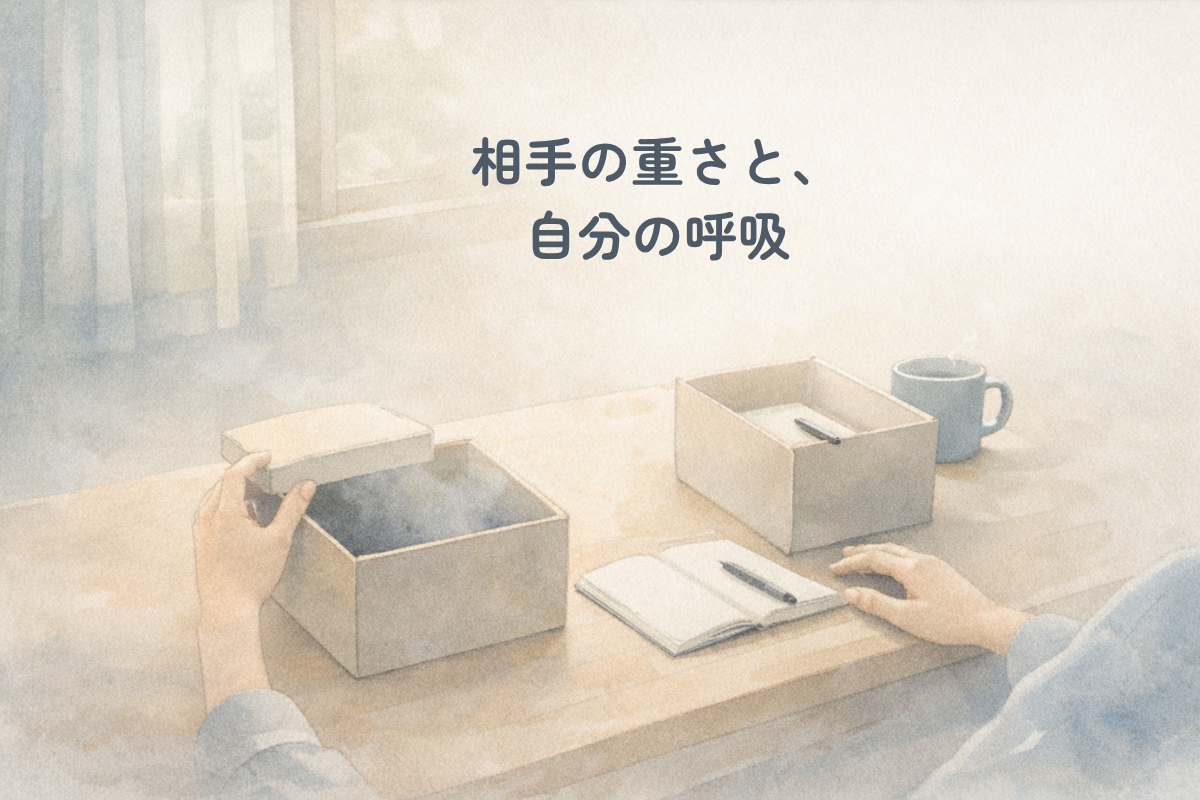 窓からやわらかな光が入る室内で、木の机の上に二つの箱が置かれ、一方の箱には灰色のもやのようなものが入り、人物の手がふたを閉じかけている水彩調のイラスト