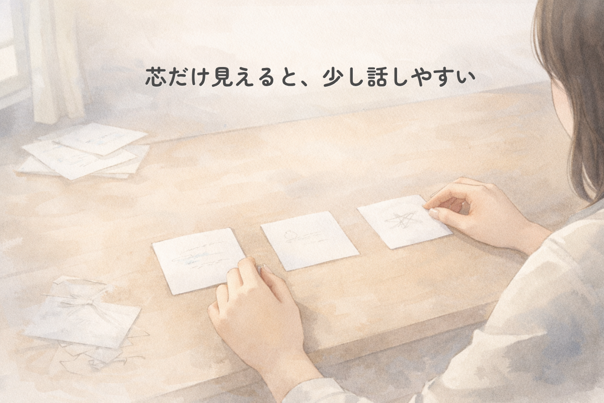 窓辺のやわらかい光が入る机で、人物が3枚のカードを並べ替えながら整理している様子を描いた水彩風イラスト