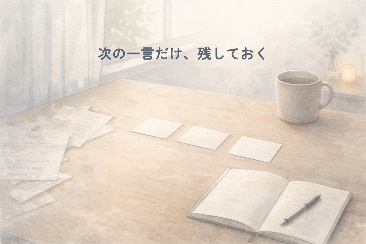 やわらかい光が入る室内の机の上で、左側に重なった紙、中央に3枚の小さなメモカード、右下に開いたノートとペン、右上にマグカップが置かれた水彩風のイラスト