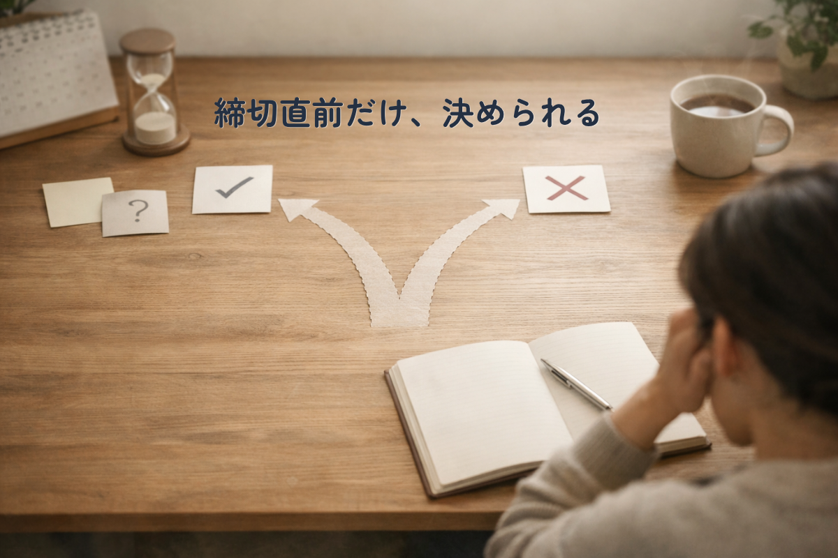 木の机を上から見た構図。右下に頬杖をつく人物の後ろ姿、開いたノートとペン、机中央に分岐する矢印とチェック・×のカード、砂時計とマグカップが置かれている。
