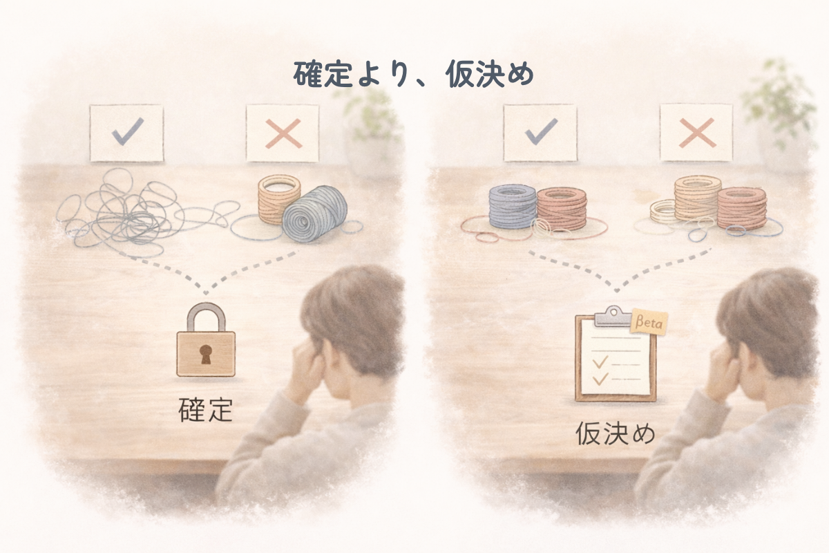 左右に並んだ水彩風のイラスト。左は絡まった糸と鍵の絵、右は整えられた糸とチェックが付いたクリップボードに『Beta』の付箋があり、上部にチェックと×のカードが置かれている。