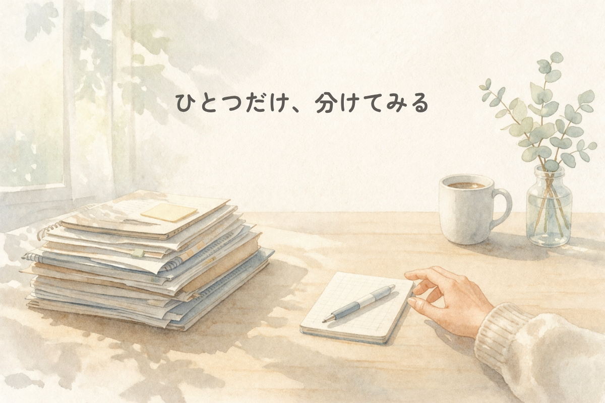 窓辺の机の上に積み重なった書類の束と、小さなノート、ペンに手を伸ばす手元が描かれた淡い水彩風の横長イラスト