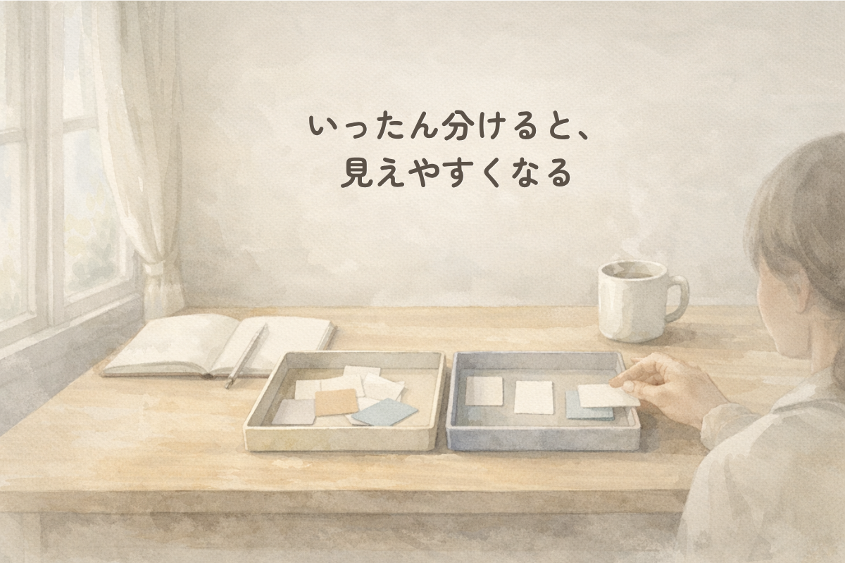 窓からやわらかい光が入る机の上で、2つの浅い箱に紙片やカードが分けて置かれ、右側の人物が手元でカードを整理している水彩風のイラスト。奥にはノートとペン、白いマグカップがある。