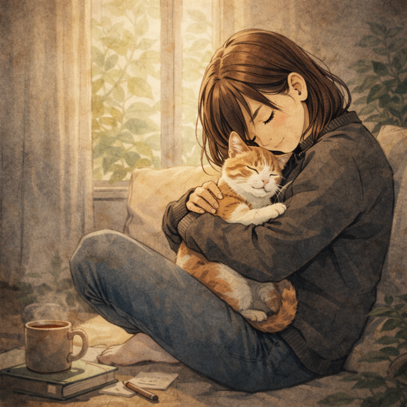 やわらかい光が入る窓辺で、座った女性が茶白の猫を腕の中で抱き、足元にはマグカップ、本、メモが置かれているイラスト