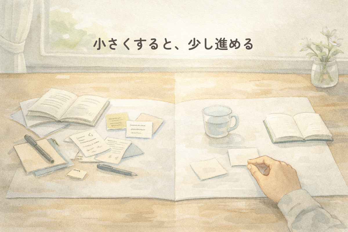 机の上に大きな紙が広げられ、左側にはメモやノート、右側には整理された小さな紙とカップが置かれ、人物の手元が小さな紙に触れようとしている水彩調のイラスト