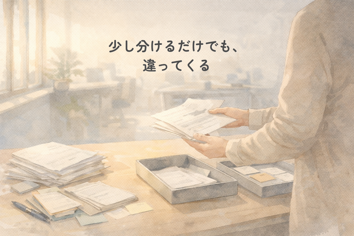やわらかい光が差し込む机の上で、人物が書類の束を手に取り、トレーに分けながら整理している水彩風のイラスト