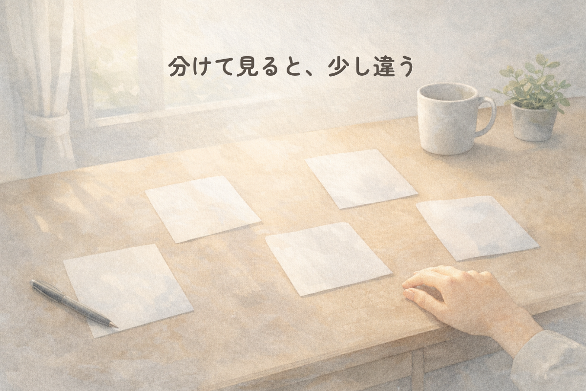 やわらかな光が差し込む窓辺の木の机の上に、4枚の白い紙、ペン、マグカップ、小さな鉢植えが並び、机の端に手元が添えられている水彩調の横長イラスト