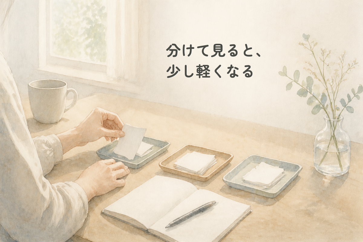 窓辺の机で人物の手元が小さな紙片を3つのトレーに分けて置いている水彩風イラスト。机の上には開いたノート、ペン、マグカップ、花を挿した小瓶があり、やわらかな自然光が差し込んでいる。
