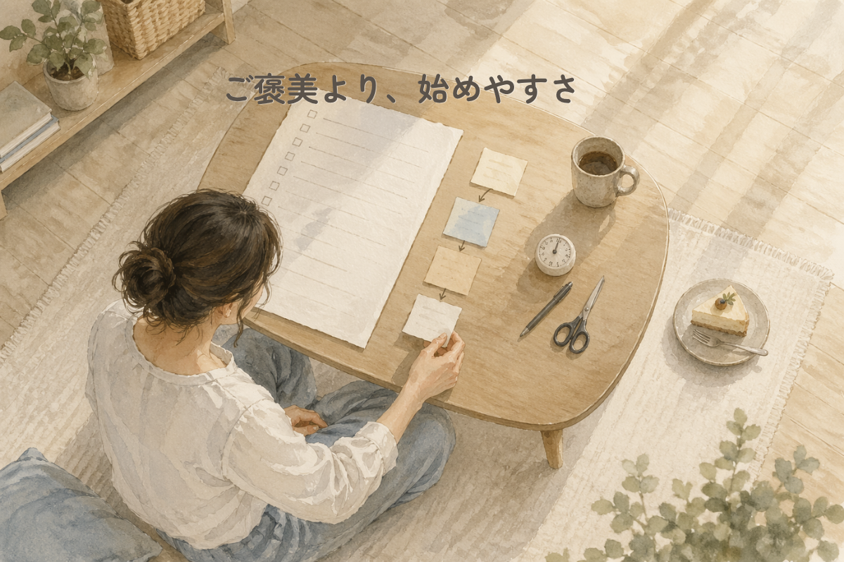 床に座った人物が低い木のテーブルに向かい、大きなチェックリスト用紙と小さな付箋、はさみ、ペン、タイマー、マグカップを並べて、作業を小さな手順に分けている水彩風イラスト