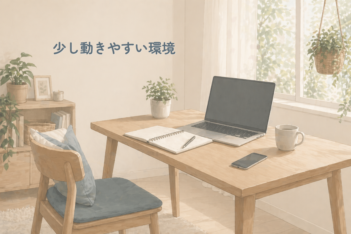 自然光の入る窓辺に木の机と椅子があり、机の上にノートパソコン、ノート、ペン、マグカップ、スマートフォン、植物が置かれた整った作業スペースのイラスト。