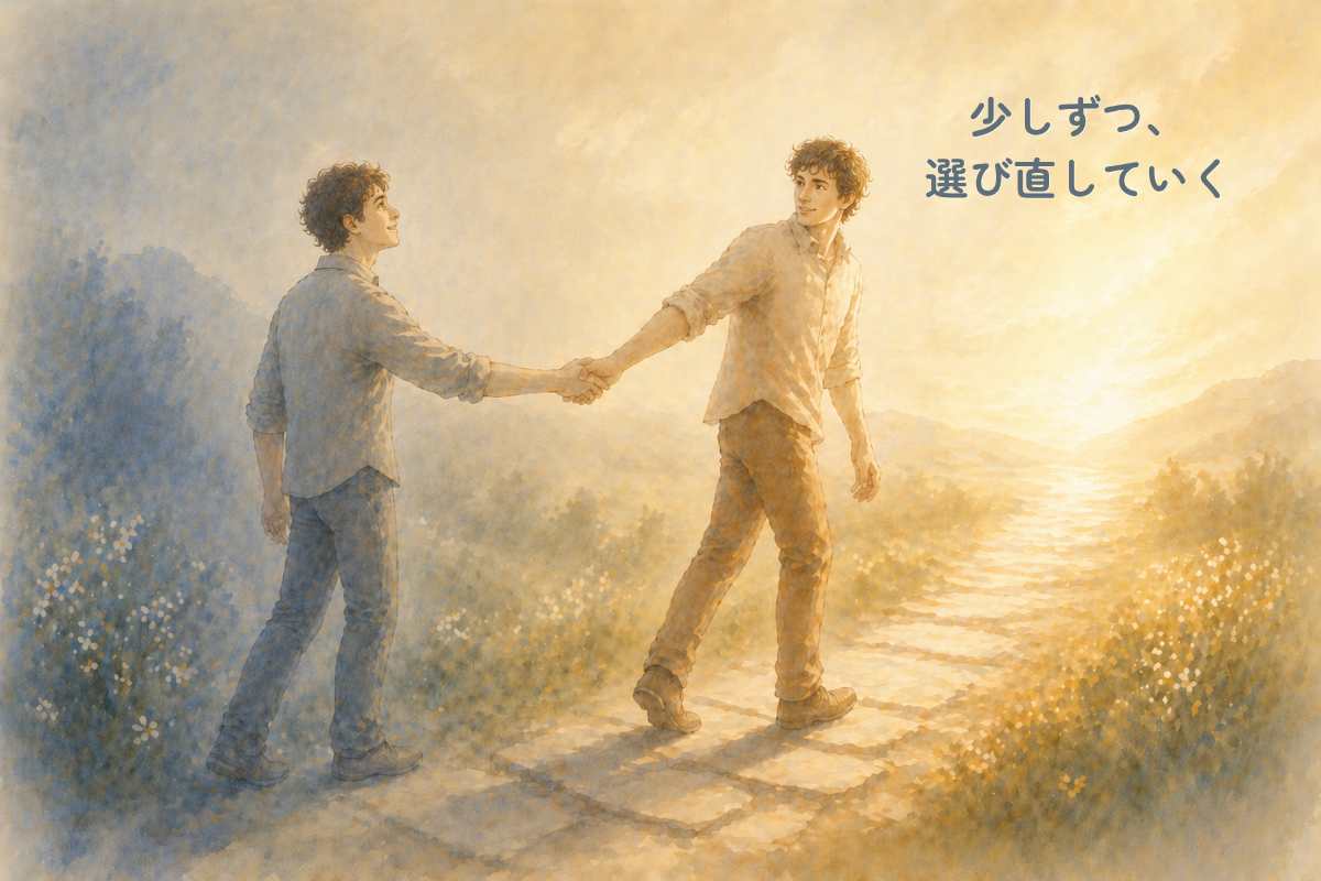 淡い水彩調の風景の中で、明るい道へ進む人物が、青みがかったもう一人の人物の手を引いているイラスト