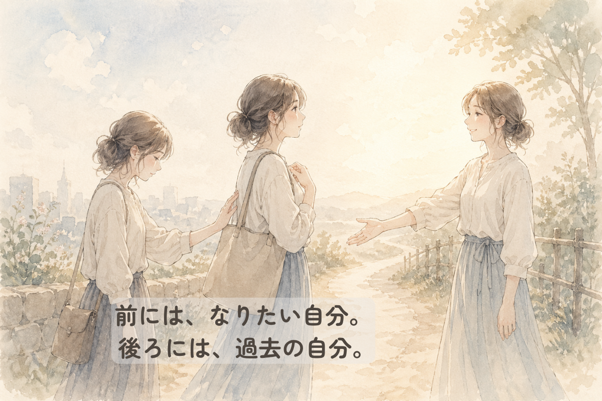 淡い光のある屋外の道で、中央の人物の背中に後ろの人物が手を添え、前方の人物が手を差し伸べている水彩調のイラスト