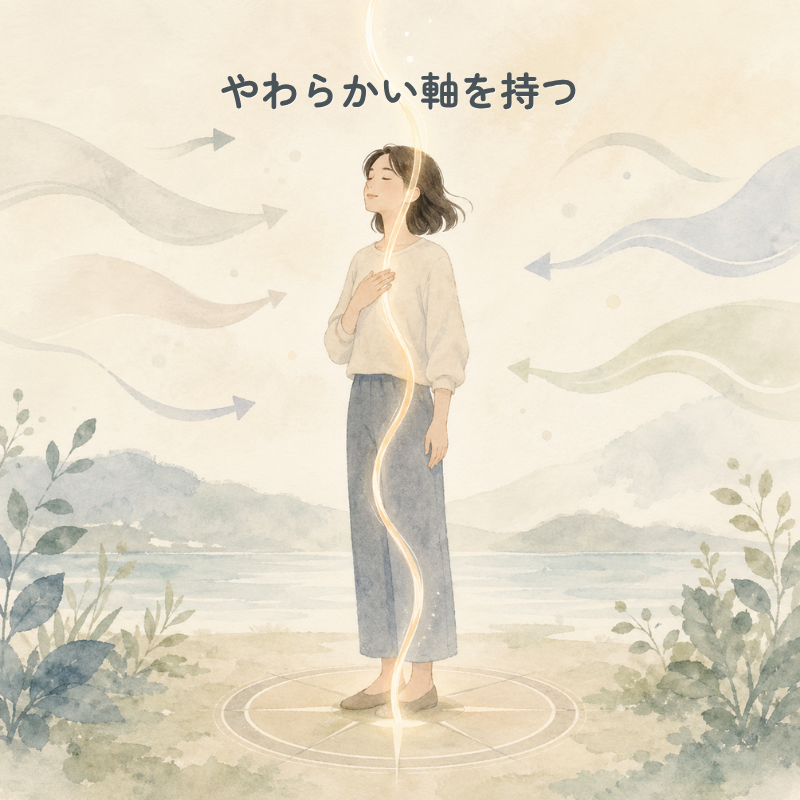 中央に立つ人物の体の中心にやわらかく光る線が通り、周囲に矢印のような流れが描かれている水彩風イラスト