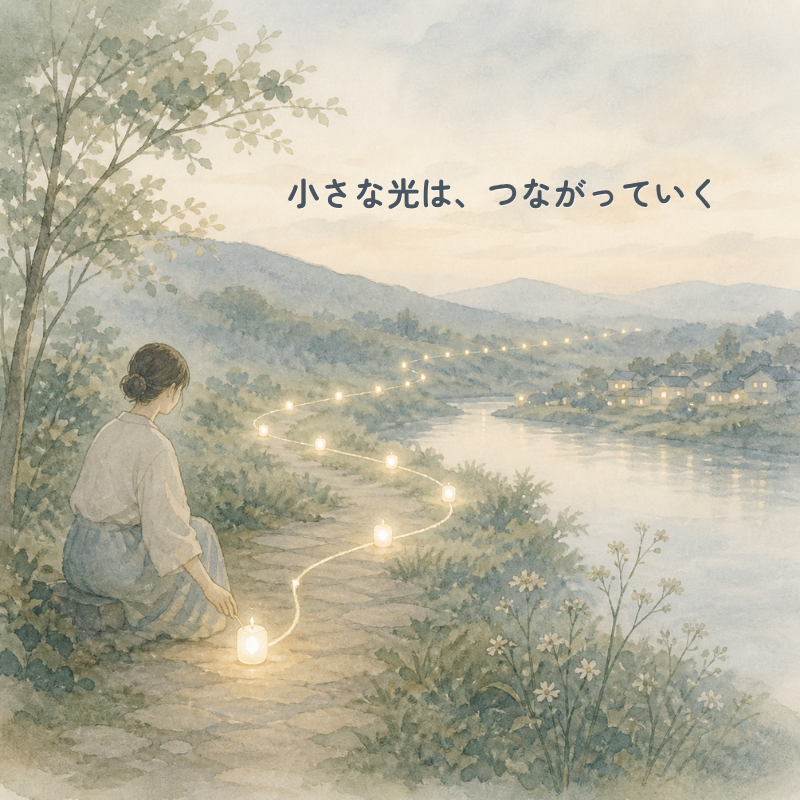 川沿いの道に座る人物が、足元の小さな灯りから遠くまで連なる光を見つめている水彩イラスト