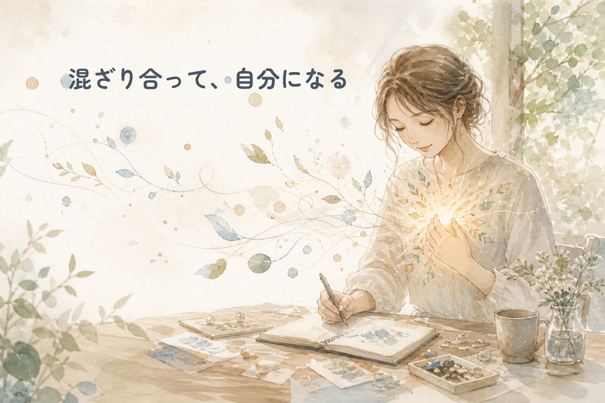淡い水彩調のイラスト。机に向かう人物のまわりに、やわらかな光や植物のようなモチーフが広がり、内側にあるものが混ざり合って形になっていく様子が描かれている。