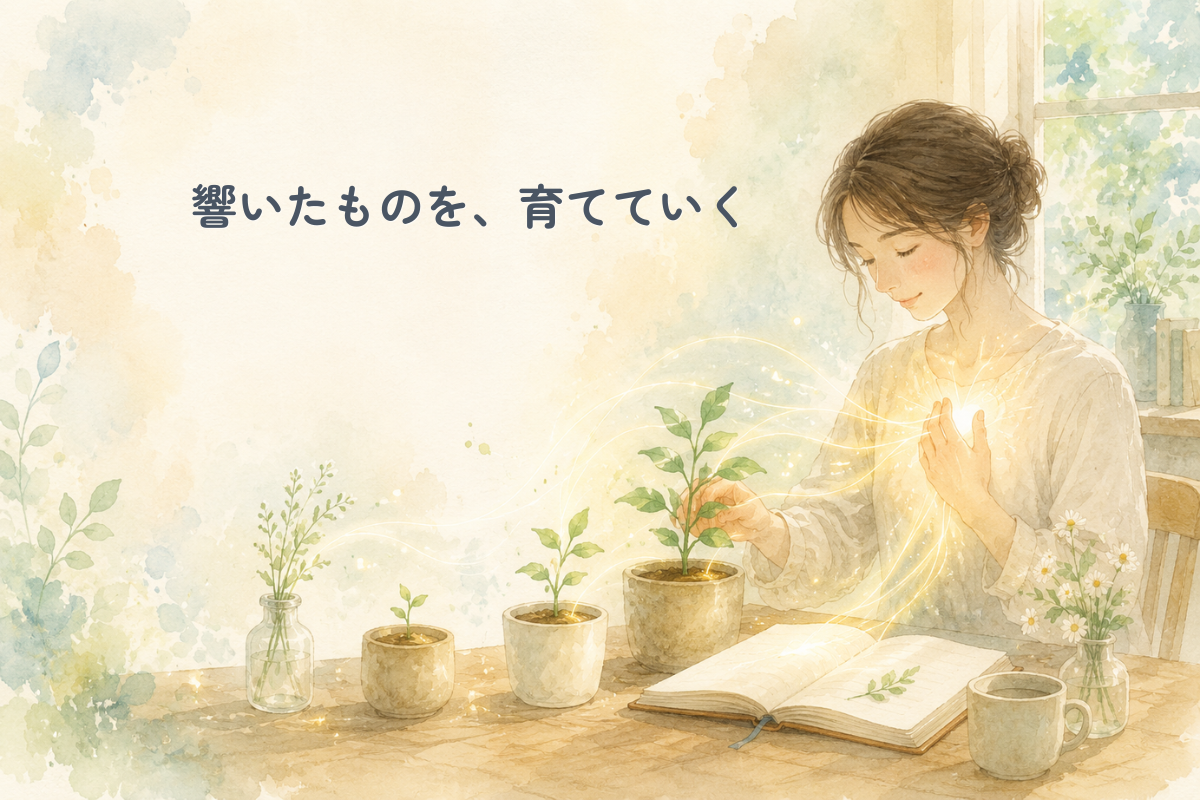 自然光の入る室内で、女性が机に向かってノートを開き、植物や小物のある机で静かに過ごしている水彩風イラスト