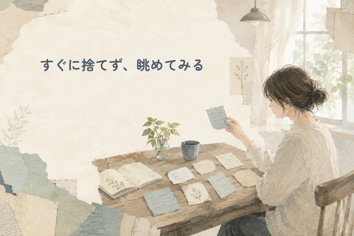 自然光の入る静かな部屋で、机に向かって座る人物が、ノートやカップ、小さな植物、質感の異なる紙片が並ぶ机の上で、一枚の紙を手に取り静かに見比べている絵本風コラージュ調の横長イラスト