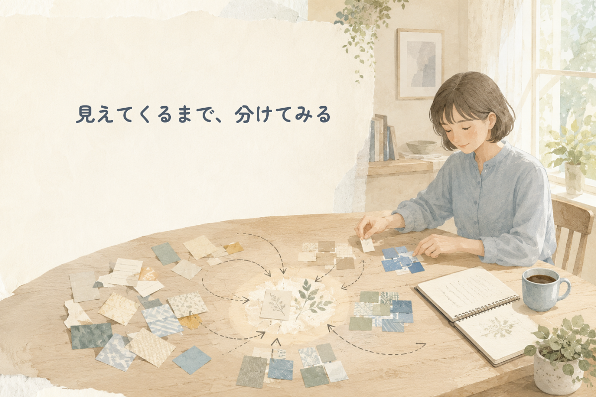 机の上にノート、カップ、小さな植物、複数の紙片が並ぶ中、人物が一枚ずつ見比べながら整理している横長の絵本風コラージュ調イラスト