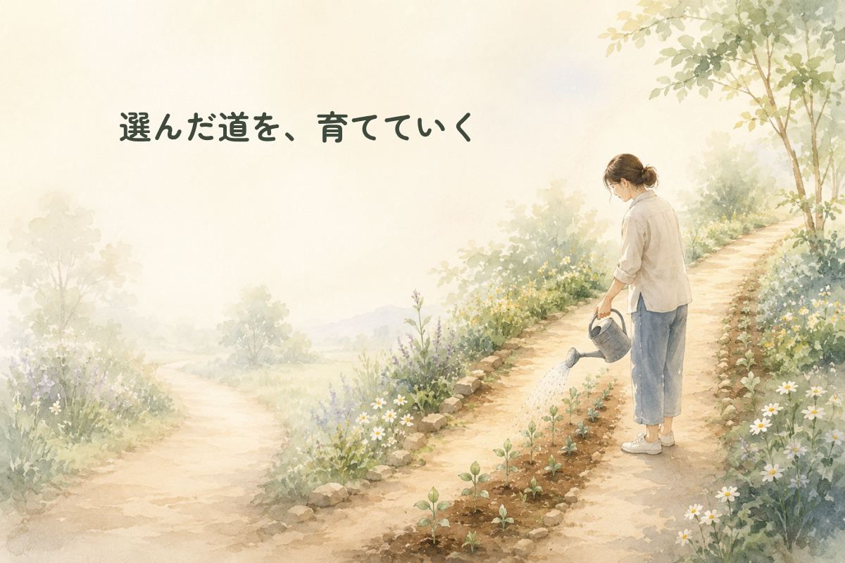 分かれ道のある庭の小道で、人物が選んだ道沿いの小さな植物にじょうろで水をあげている水彩風イラスト