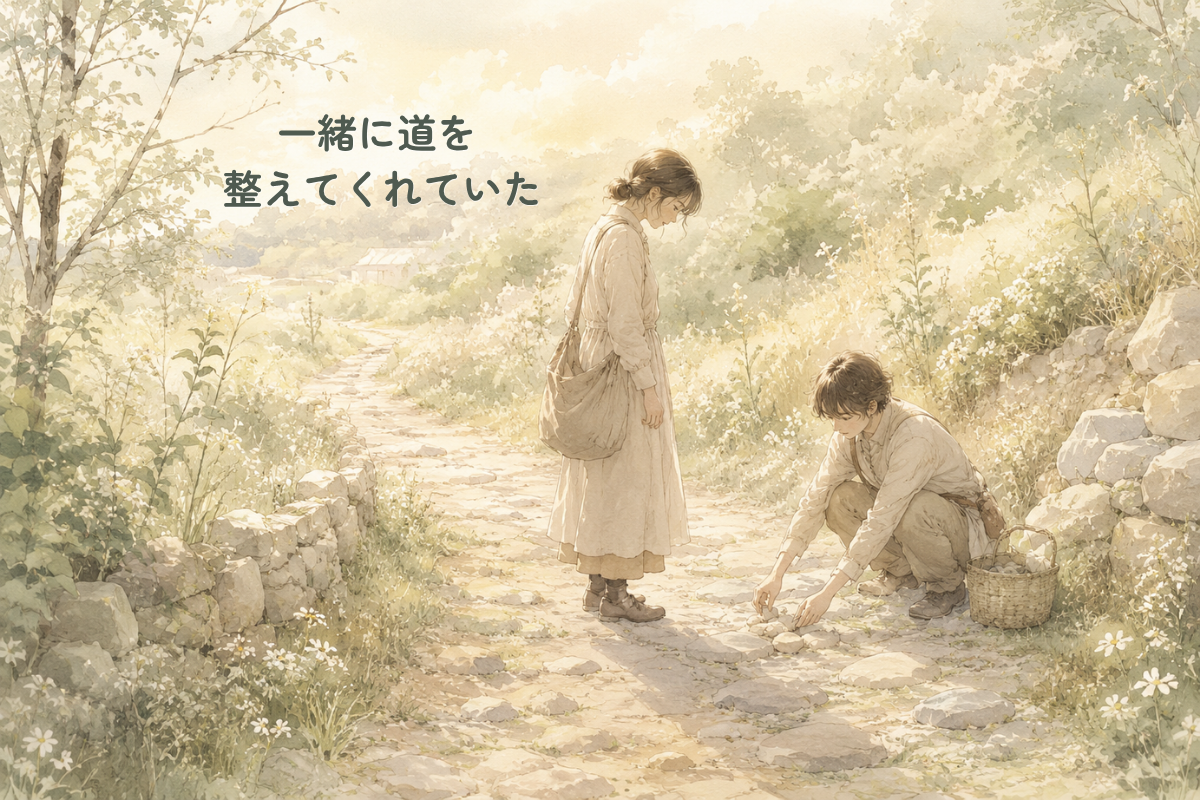 花や草に囲まれた小道で、立ち止まる人物のそばで、別の人物がしゃがみ込んで道の石を整えている水彩風イラスト