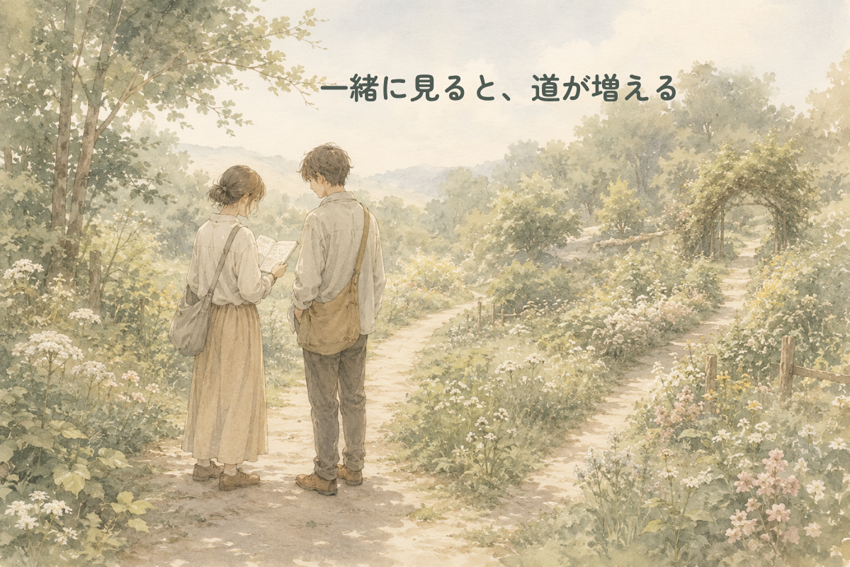 花や草に囲まれた小道で、ノートのようなものを手に立ち止まる人物と、その隣で道の先を一緒に見ている人物を描いたやさしい水彩イラスト
