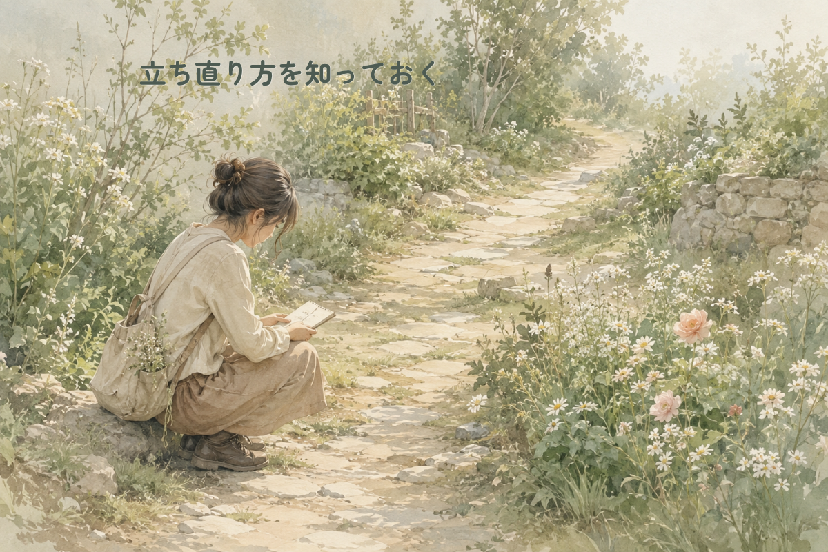 花や草に囲まれた小道で、ひとりの人物が少しかがむように立ち止まり、手元のノートを見ながら足元の道を確かめている水彩調のイラスト
