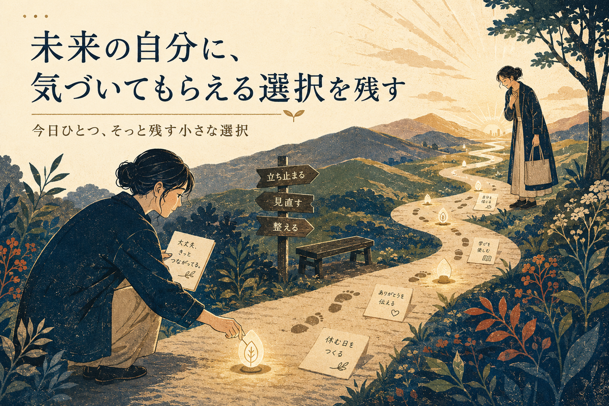 未来の自分に気づいてもらえる選択を残すというテーマを、道に小さな光を置く今の自分と、それを見つける未来の自分で表現したイラスト。