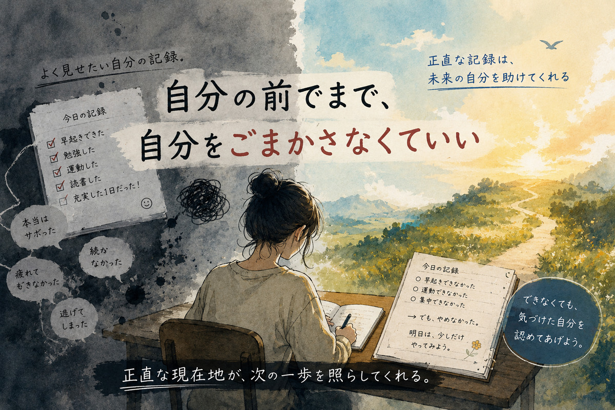 ノートに記録を書く人物の前で、整った記録の世界と、現実の苦しさを映した暗い世界が左右に分かれて描かれたアイキャッチイラスト。中央には『自分の前でまで、自分をごまかさなくていい』という文字入り。