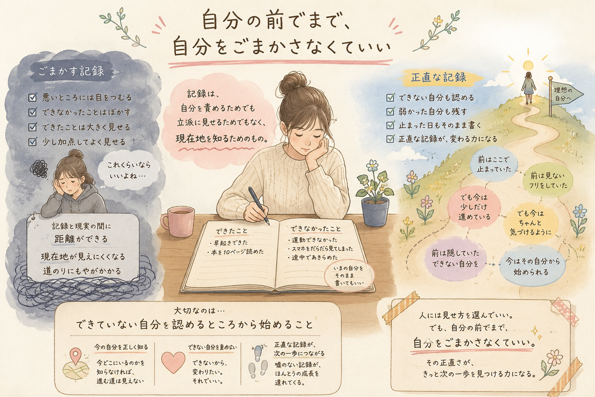 ノートに正直な記録を書きながら、できなかった自分を認めることで未来へ続く道が見えてくる様子を描いた、やわらかい手描き風の記事内イラスト。