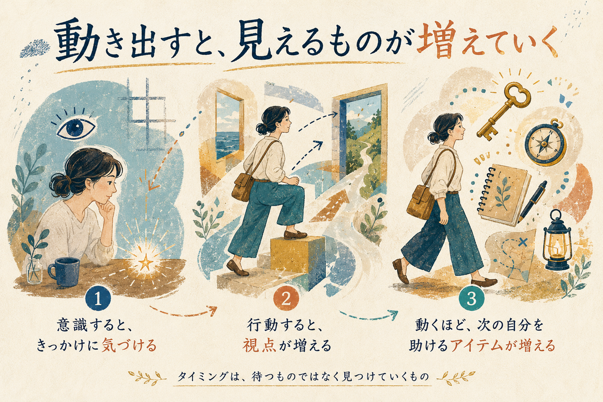 意識するときっかけに気づき、行動すると視点や次の自分を助けるアイテムが増えていく流れを描いた記事内イラスト