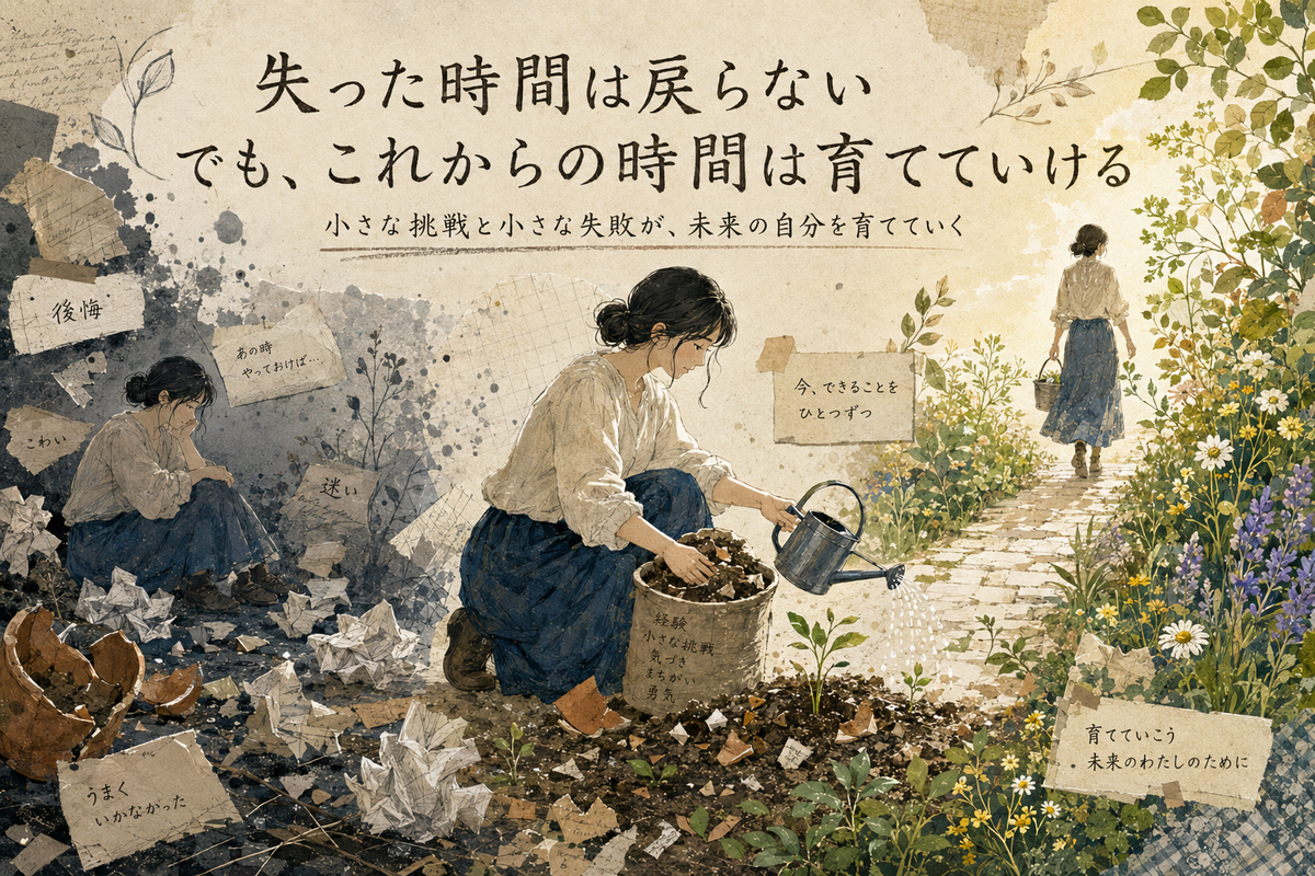 失った時間への後悔を抱えた過去の自分、小さな挑戦を始める今の自分、未来へ進む自分を、紙片や芽、花がつながる道で表現した記事内イラスト