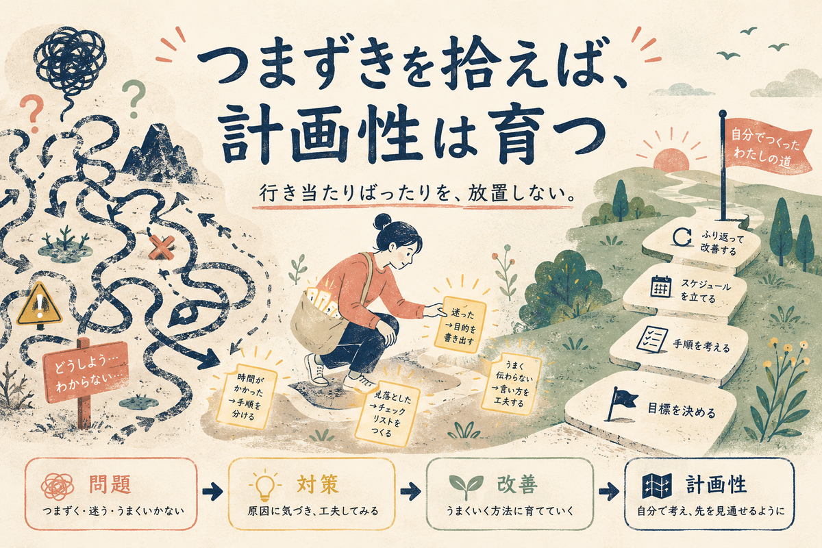 計画を立てられない人が、手探りで見つけたつまずきを拾い上げ、問題・対策・改善を重ねて自分なりの計画性を育てていくことを表したイラスト