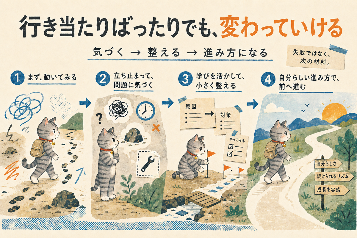 キジトラ猫が行き当たりばったりに動き、問題に気づき、小さく整えながら自分らしい進み方を見つけていく記事内イラスト