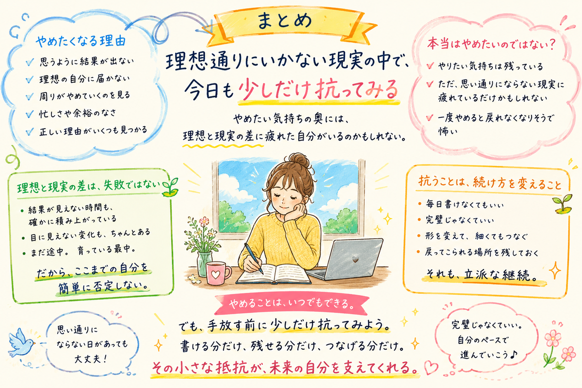 理想と現実の差に疲れたときの気持ちを整理しながら、女性がノートに向かい、完璧を目指さず少しずつ続ける大切さをまとめた明るい手描き風のイラスト。