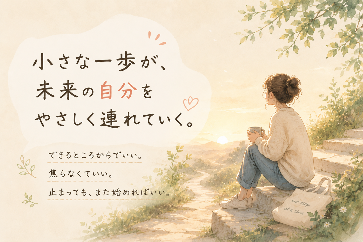 夕日の見える石段に座る女性と、やわらかな光に続く道を描いた水彩風イラスト。「小さな一歩が、未来の自分をやさしく連れていく。できるところからでいい。焦らなくていい。止まっても、また始めればいい。」という文字が入り、考えすぎて動けないときも小さく始めればいいという記事テーマを表している。