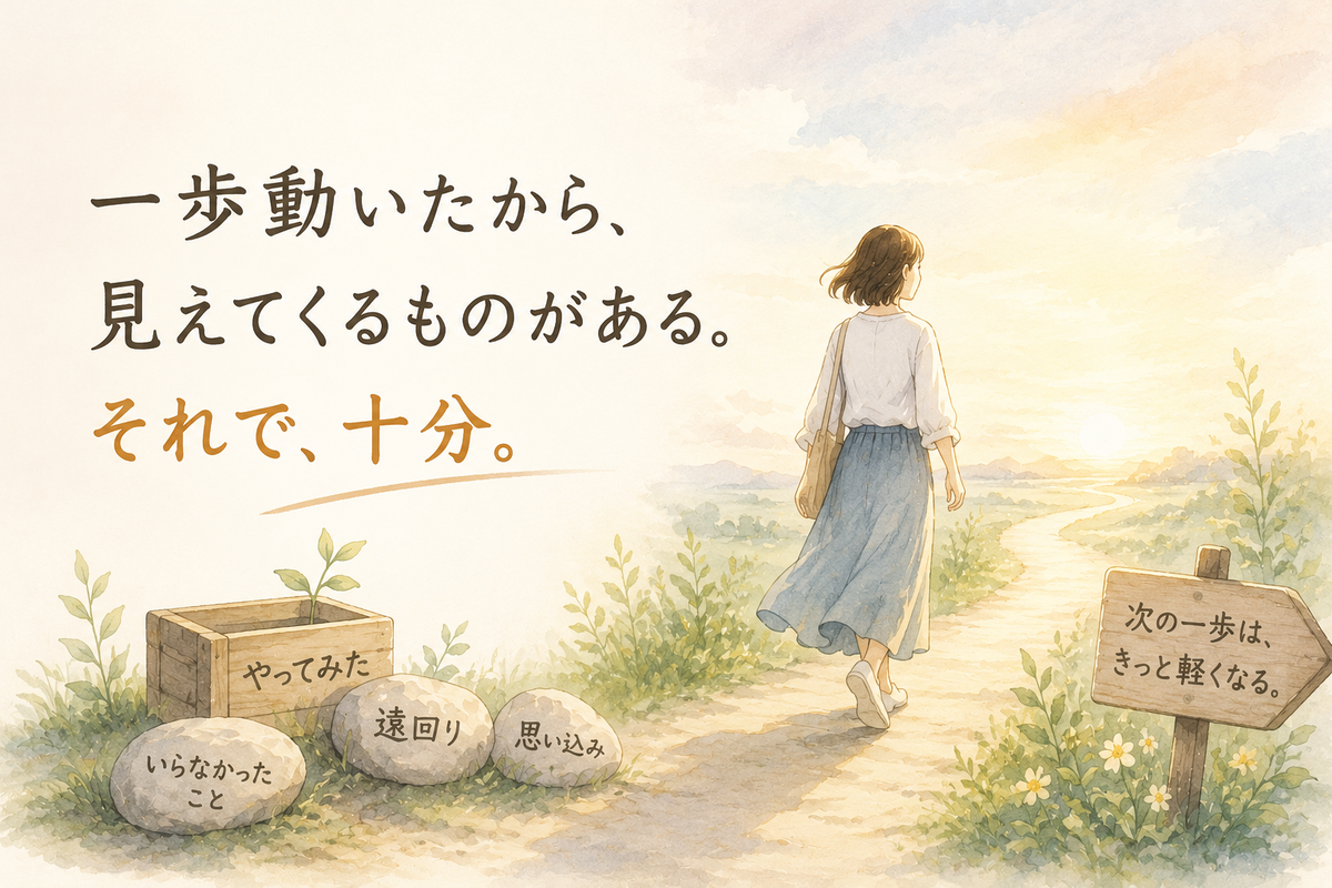 「一歩動いたから、見えてくるものがある。それで、十分。」という文字と、朝の小道を歩く人物、いらなかったこと・遠回り・思い込みと書かれた石が描かれた水彩風イラスト。行動することで無駄が見え、次の一歩が軽くなるという記事テーマを表している。