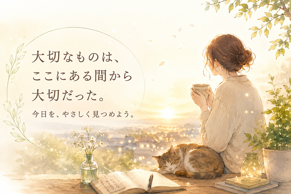 夕暮れの景色を眺める女性と眠る猫、ノートや花が描かれた「大切なものは、ここにある間から大切だった。今日を、やさしく見つめよう。」という文字入りイラスト