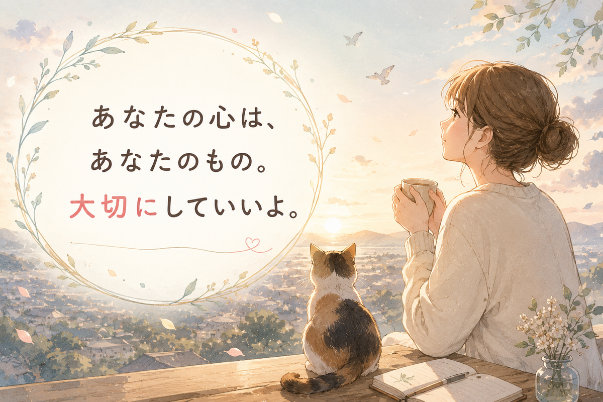 朝焼けの景色を見つめる女性と三毛猫のそばに「あなたの心は、あなたのもの。大切にしていいよ。」という文字が入った、言葉の圧から心を守るテーマのやさしいイラスト