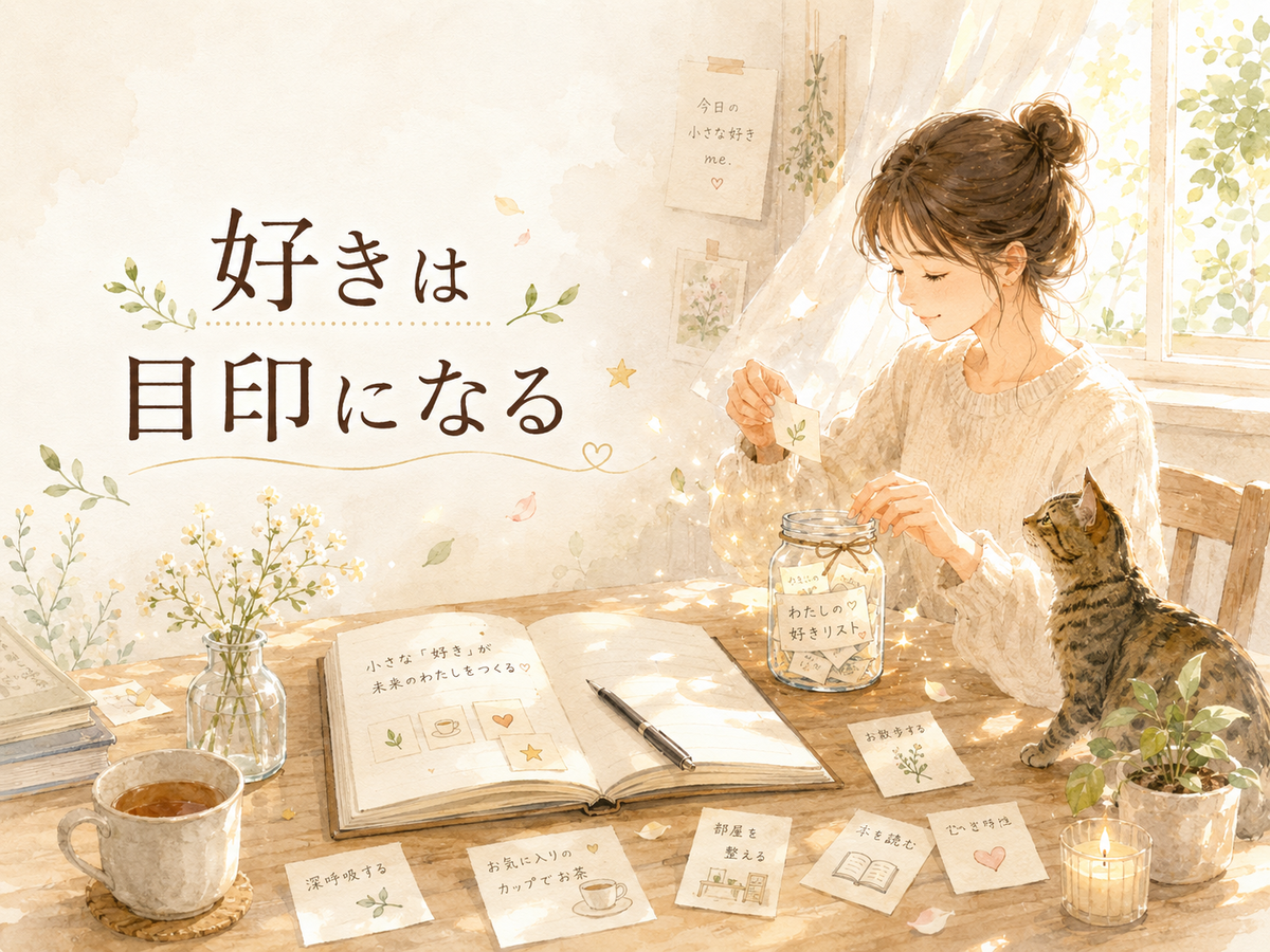 「好きは目印になる」という文字と、窓辺で女性が小さな好きのメモを瓶に入れ、そばにキジトラ猫やノート、植物が描かれたやさしいイラスト。