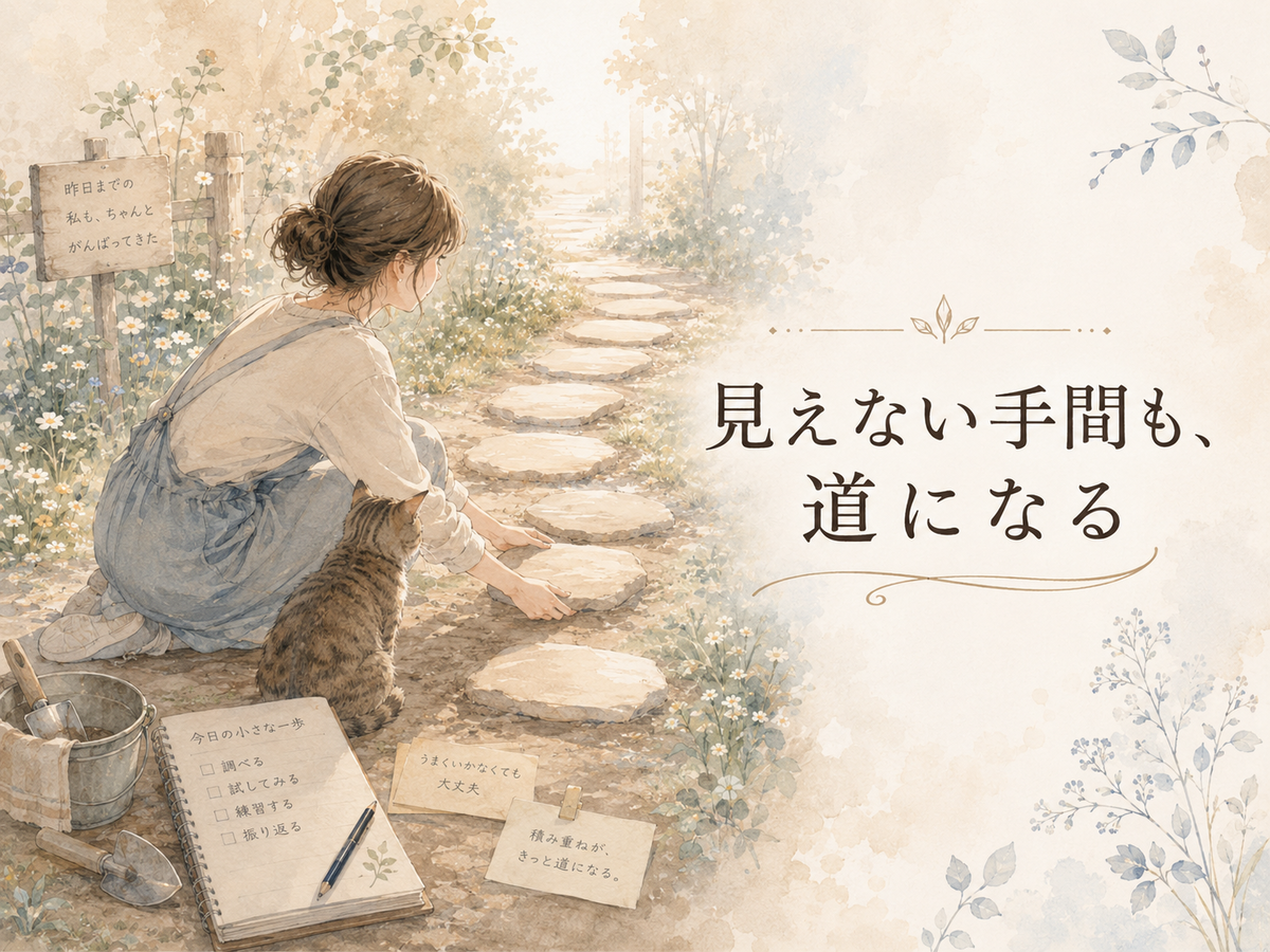 「見えない手間も、道になる」という文字と、猫のそばで石の道を整える女性、ノートや道具が描かれた、思い通りにいかない現実でも小さな手間を重ねて進むことを表すイラスト