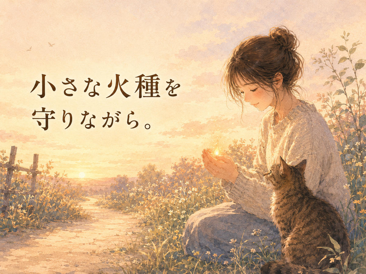 夕暮れの小道で、小さな火種を手に包む女性とそばに座る猫を描いたイラスト。「小さな火種を守りながら。」という文字とともに、自分を変えるための小さな行動を大切にする記事テーマを表している。