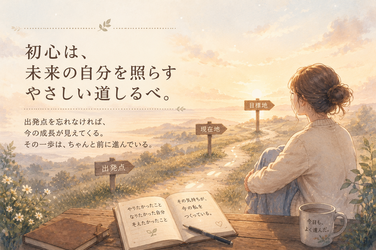 夕暮れの景色を眺めながらノートを開く女性と、「出発点」「現在地」「目標地」を示す図が描かれたイラスト。画像内には「初心は、あなたの地図になる」「歩いてきた道が、きっとあなたの自信になる」と書かれており、初心を記録することで成長や進む方向を見つめ直す記事テーマを表している。