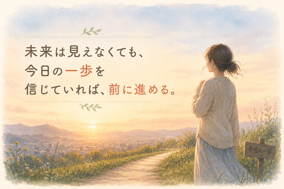 朝焼けの丘で遠くの街を見つめる女性の水彩風イラスト。「未来は見えなくても、今日の一歩を信じていれば、前に進める。」という文字が入り、先が見えない不安の中でも小さな希望を持って歩く気持ちを表している。