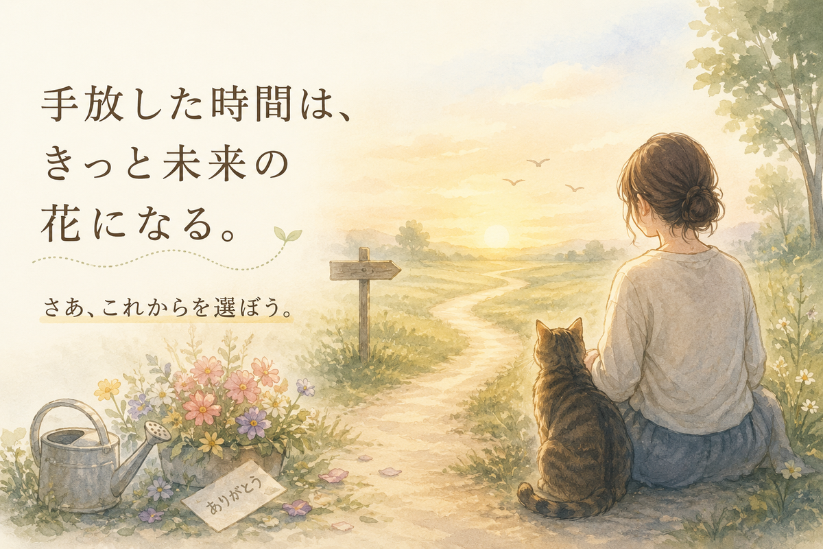 夕暮れの道を見つめる女性とキジトラ猫、花とじょうろが描かれ、「手放した時間は、きっと未来の花になる。さあ、これからを選ぼう。」という文字が入った、努力を手放して次の道へ進む気持ちを表すイラスト。
