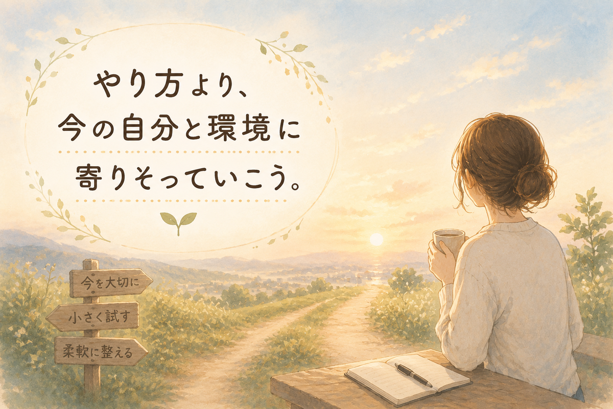 夕暮れの道を眺めながらマグカップを持つ女性とノートが描かれた水彩風イラスト。「やり方より、今の自分と環境に寄りそっていこう。」という文字が入り、結果が出ないときにやり方と環境を見直すテーマを表している。